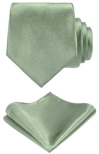 TIE G Solid Satin Woven dyed Color Formal Black Necktie and Pocket Square Sets in Gift Box (Sage Green)