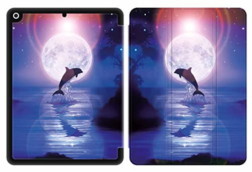 Sunrive Tablet hülle kompatibel mit iPad 9 8 7 (10,2,Model 2021 2020 2019, 9.8.7.Generation) Cover Case,PU Leder Schutzhülle Trifold Ständer Schutzhülle mit Stifthalter-Mond,Delphine,Meer,