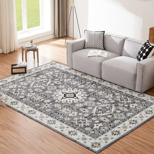CHOSHOME Teppich Wohnzimmer 200x290CM Waschbar in Waschmaschine Teppiche Schlafzimmer Grau Boho Teppiche Vintage Kurzflor Teppich Flauschiger rutschfest