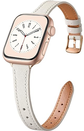 CeMiKa Bracelet Cuir Étroit Compatible avec Apple Watch 38mm 40mm 41mm 42mm | Bracelet Remplacement Cuir Fin Véritable pour Apple Watch SE3 SE/iWatch Series 11 10 9 8 7 6 5 4 3, Femmes Hommes, Blanc