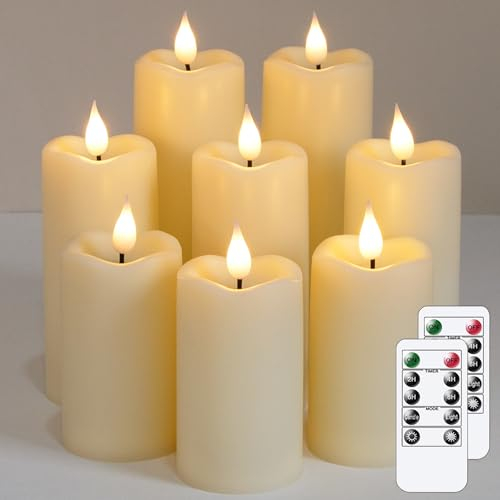 Yeelida Batterie flackernde LED-Kerzen, Packung mit 8 flammenlosen elfenbeinfarbenen Kunststoffkerzen mit Zeitschaltuhr, die über 600 Stunden halten(5,3cmx 11, 14, 17cm)
