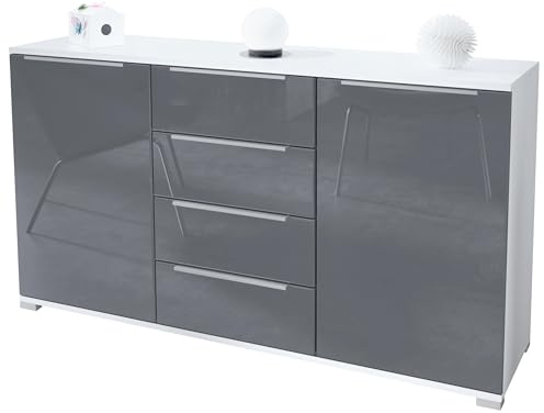 Sideboard Linio V1, Anrichte mit 2 Türen und 4 Schubladen, Weiß matt/Grau Hochglanz (138,5 x 75,5 x 35 cm)