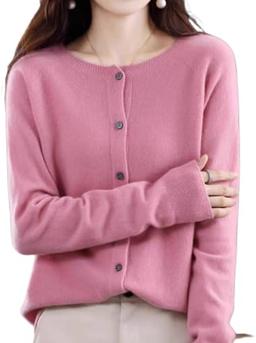 DJFOG Kashmircardigan, tröja för kvinnor, kashmir, knappar fram, långärmad cardigan, mjuka, varma, stickade, elastiska tröjor, Rosa, S