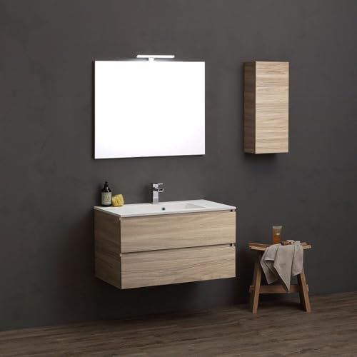 Badmöbel hängend 90cm 2 Schubladen und Hängeschrank Eiche Natur | Valentina