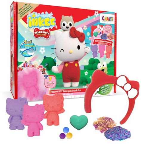 Confezione Regalo INKEE Set da Bagno Hello Kitty - 7 Prodotti Con Palline e Sali, Arricchiti Con Olio di Jojoba e Vari Gusti per Bambini