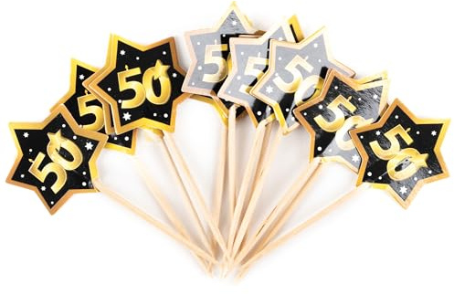 Tiwoca Deko zum 50. Geburtstag – 12 Stück schwarz-goldene Party-Picks in edler Optik Zahl 50 – Stilvolle Geburtstagsdeko und elegante Geschenkideen für Junge und Mädchen