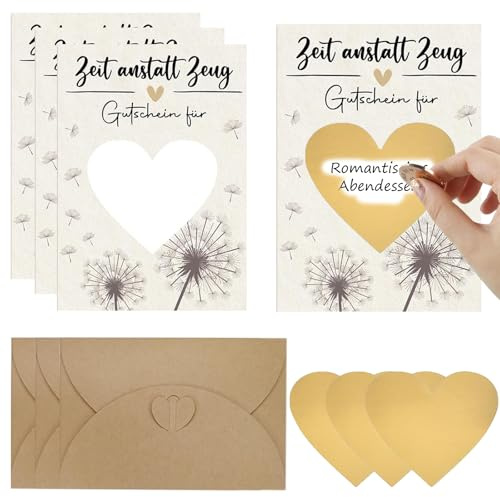 Wunscherfüller Gutschein zum Selber Ausfüllen,3 Sets Rubbelkarten zum Selber Beschriften mit Umschlägen Rubbelaufkleber, Zeit statt Zeug,Rubbelkarten Gutschein Verpackung für Geburtstag Hochzeit