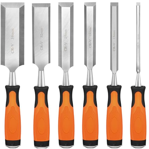 KINGBRO Wood Chisel, 6 Pcs Wood Carving Chisels for Woodworking Tools, Durable Carbon Steel PP+TPR High Impact Handle Wood Chisel Sets Gifts for Woodworkers Carpenter Craftsman, 6/12/19/25/32/38mm
