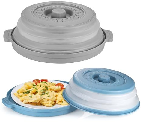 MICHIHOMIE 2 Pack Collapsible Microwave Cover for Food, 10.5 Inch Silicone Microwave Plate Cover with Tray, Prevents Food Splatter, Draining Basket for Fruit and Vegetable, BPA-Free