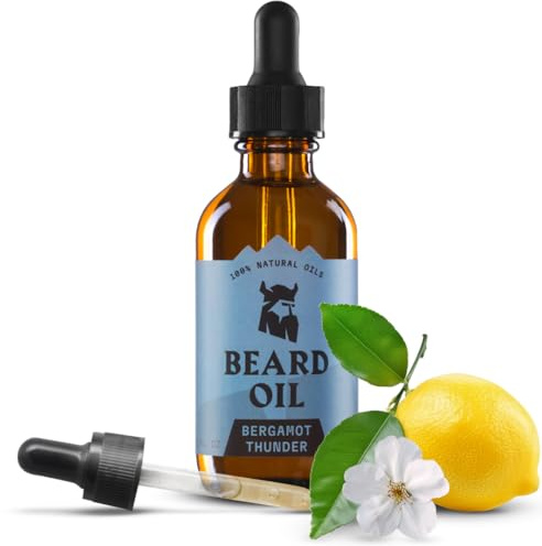 Striking Viking skäggolja för män – 60 ml, bergamot Thunder doft | Tillväxtfrämjande skäggolja med argan- och jojobaolja - Ger intensiv fukt och minskar klåda - daglig skäggvård