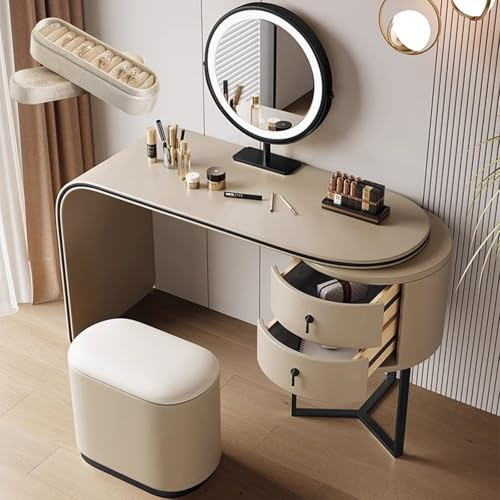 LVYWEX Dressing Table, Makeup Table With Mirror,Lights, Stool & Ring Box, No Assembly Required(Black edge,CHAMPAGNE_100CM)