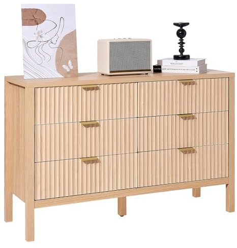 VEVOR 6 Fluted Drawer Dresser, Wooden Chest of Drawers with Sliding & Anti-tip Device, Modern Minimalist Dresser Chest, Closet Storage Organizer for Living Room, Hallway, Bedroom, Entryway, Light Wood