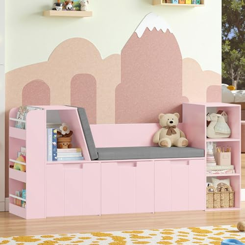 BOTLOG 61.5 Kids Reading Nook with 3-Layer Bookshelf, Reading Nook for Kids with Double Bench and Rolling Drawers, Bookshelf and Toy Storage for Nursery, Playroom, Pink