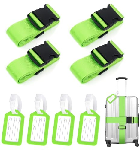Arvoni 4 Piezas Cinta para Maletas de Viaje con 4 Identificador de Maletas, Correa Maleta Hebilla de 5 x 180 cm, Correas para Equipaje para Viajes, Viajes de Negocios (Verde Fluorescente)