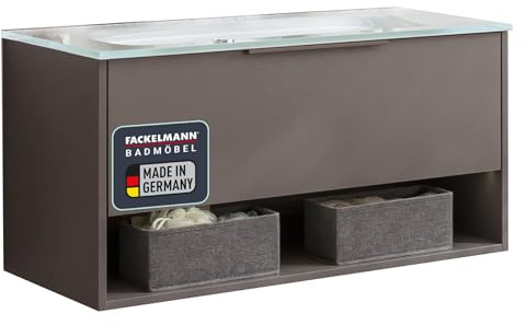 FACKELMANN B.Paris Waschbecken mit Unterschrank – Elegantes Möbel-Set in Cubanit Grau, 91cm, Glasbecken, 1 Schublade, beleuchtetes Fach mit Bewegungsmelder – Made in Germany