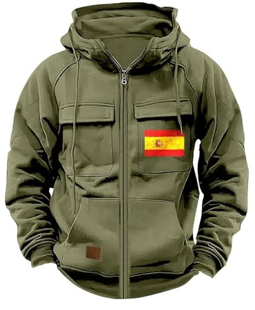 Sudadera con Capucha con Cremallera para Hombre Sudadera con Capucha para Exteriores para Hombre Sudaderas con Estampado de Bandera Española Sudaderas de Combate con Múltiples Bolsillos Sudadera de