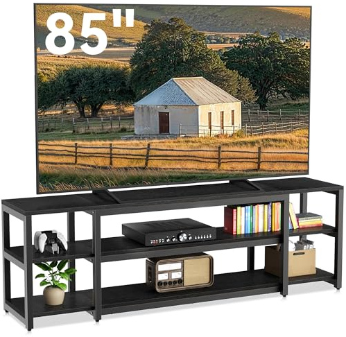 Aquzee 85 Inch TV Stand, 191 cm Long Black TV Unit, 40D x 191W x 58H cm, 3-Tier Large TV Cabinet with Open Storage Shelves, Wooden Media Units Wide TV Console Table for Living Room