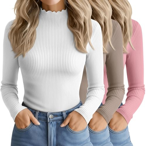Oakgarden 3 Pack Women's Cotton Long Sleeve Mock Turtleneck Tops Ribbed Lettuce Trim Slim Fit Shirts Thermal Base Layer(White, Apricot, Pink,XX-Large)