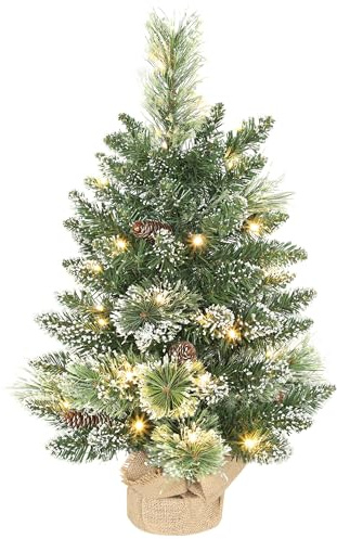 HOMCOM Sapin de Noël Artificiel 60 cm, Mini Arbre de Noël de Table floqué avec 64 Pointes de Branche, 35 LED, Pommes de pin et Base en Lin, Fonctionne à Piles, décoration de Noël pour la Maison, Vert