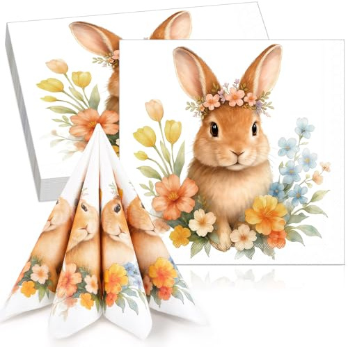 Tenare 30 Ostern Hase Servietten 33 x 33 cm Einwegservietten Dekorative Frühling Party Papierservietten Gäste Servietten für Frühling Ostern Geburtstag Tischdeko Partyzubehör(30 Stück,Warmes Hase)