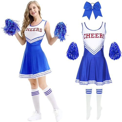 Moerstar Cheerleader Kostüm Damen, Cheerleading Outfit mit Cheerleader Pompons Haargummi Socken, Faschingskostüm Damen für Karneval Party Cosplay