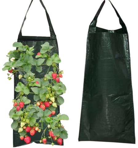 TOP-MAX 2 Stück Hängend Pflanztaschen, Grün Erdbeer Pflanzsack mit 8 Löchern für Pflanzen Kräuter Blumen Gemüse, Garten Pflanzbeutel