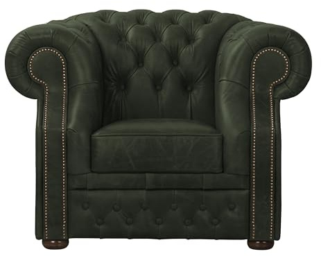 ROYALSOFA Sessel Chesterfield Manchester, Ledersessel mit Knopfheftung, Holzrahmen & Weich Gepolsterten Armlehnen, Pflegeleichter Einzelsessel für Wohnzimmer, Büro, Praxis, Kanzlei & Hotel, Grün
