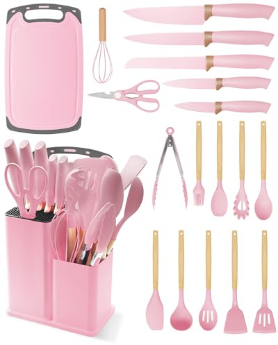 19 Piezas Utensilios de Cocina en Silicona - Juego de Cuchillos de Cocina con 5 Cuchillos, Soporte y Caja, Resistente al Calor Antiadherente (Rosa)