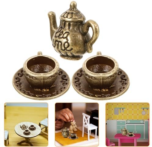 Gogogmee Juego de Té Miniatura para Casa de Muñecas Tetera Pequeña de Metal en Miniatura Tazas de Té Pequeñas Accesorio Decorativo para Micropaisajes y Proyectos DIY Color Cobre Antiguo