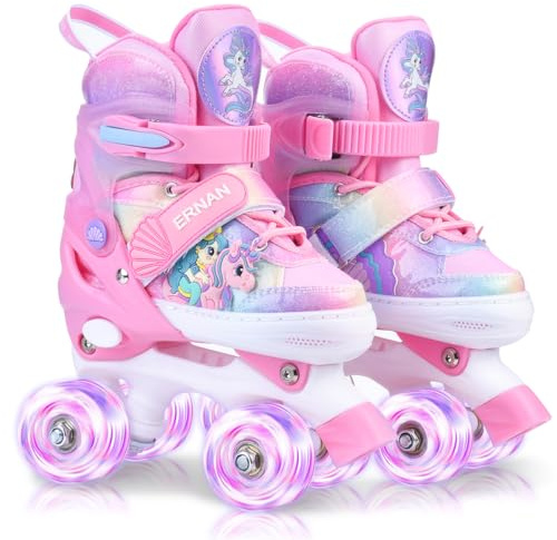ERNAN Roller Enfant Filles et Garçons,Patin a Roulette Enfant 4 Taille Réglable, Roller Quad avec 8 Roues Lumineuses. Patins à roulettes pour Enfants pour débutants