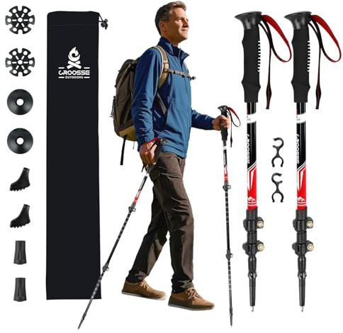 Bastones de Senderismo Telescópicos, Pack de 2 Bastones de Trekking de Aluminio con Sistema Antishock y Bloqueo Rápido Ajustable, para Hombre, Mujer y Niños, Ideales para Montaña, y Nordic Walking