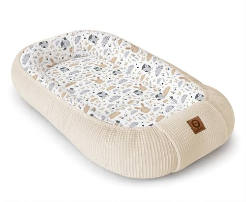 Babynestchen Neugeborene – Nestchen Baby aus Waffel Baumwolle & Baumwollstoff – Babynest für Babybett & Kinderbett – Baby Kokon Tragbar – OEKO-TEX – Zubehör für Babybett - Eulen und Hellbeige