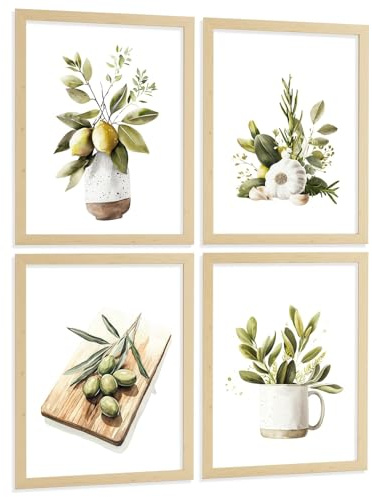 Nacnic Set De 4 Láminas Cocina Mediterránea Acuarela Cuadros Pared Limones Ajo Aceitunas Y Hierbas Aromáticas Póster Decoración Comedor A3 Marco Madera Clara