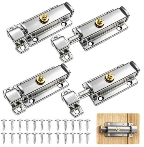 Primasage 4pcs Targette de Porte, Inoxydable Targette, Verrou Porte Interieure avec 24 Vis, Targette Verrou Portail Pratique Durable pour Portail de Jardin, FenêTres, Cabanon, Clôtures（Silber）