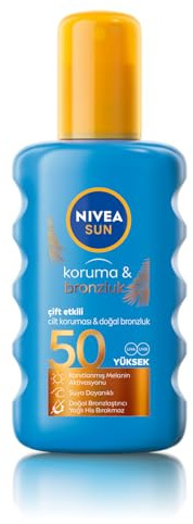 NIVEA Sun SPF50 solskydd och solbränna solspray (200 ml), naturlig solbränning med naturlig pro-melanin, mycket högt solskydd, solbränning och solskydd