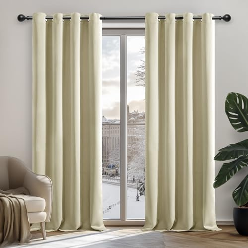 Deconovo Verdunkelungsvorhänge, wärmeisoliert, kältebeständig, Vorhänge für Wohnzimmer und Schlafzimmer, modernes Design mit Ösen, 107 x 214 cm (Breite x Höhe), Dunkelbeige, 2 Stück