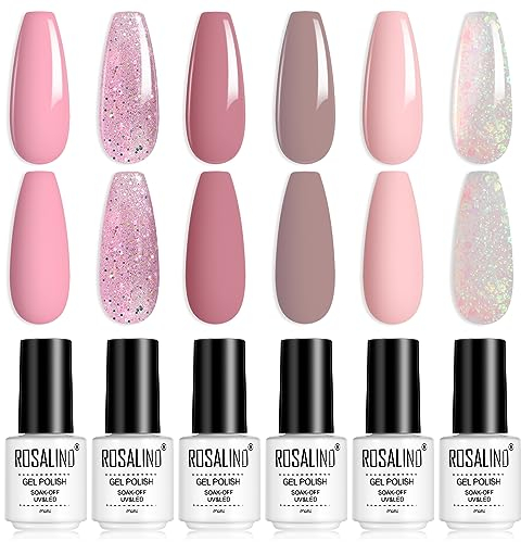 ROSALIND Smalto Semipermanente Unghie, 6 Colori Nudo Rosa Bianco Glitter Smalti Semipermanenti per Unghie Soak-Off Smalto Gel Unghie UV per Principianti