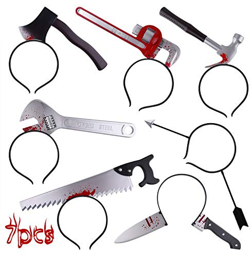 FEPITO 7 Bandas para el Cabello de Terror de Halloween, Diademas de Zombis, Hacha, Hacha, Tijera, Martillo, patrón, Diademas para Carnaval de Halloween, 7 Estilos