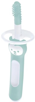 MAM Massaging Brush, Spazzolino denti bambini 3+ mesi con setole morbide, Neonato accessori utili con anello di sicurezza per la gola, Massaggia gengive neonati antiscivolo ed ergonomico, Azzurro