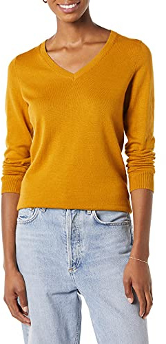 Amazon Essentials Women's Lightweight Long-Sleeve V-Neck Jumper, Dark Golden Yellow, L