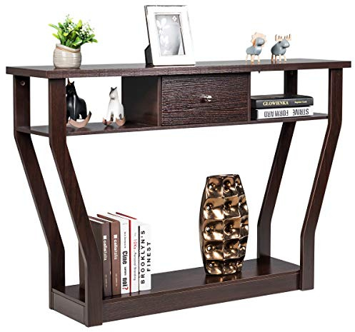 GIANTEX Tavolo Consolle Legno, a 3 Ripiani, Stretto e Compatto, Cassetto con Manico, Console per Soggiorno, Salotto, Ingresso, Portata di 60 kg, 120x30x81cm, 3 Colori (Marrone)