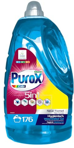 PUROX COLOR Detersivo Lavatrice Liquido (176 Lavaggi) – Per tessuti colorati, rimuove le macchie, risciacquo completo, ecologico, protezione anticalcare, flacone da 5,3 l