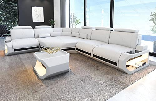 Ledersofa Asti als L Form Sofa in Leder mit Kopfstützen und LED Beleuchtung (Ecke Links, Weiss-Schwarz)