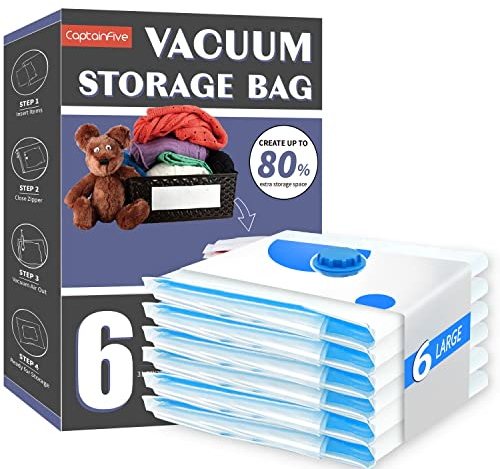 CaptainFive Sacchetti Sottovuoto Vestiti, Sacchi Sottovuoto Riutilizzabili per Piumoni 6 Pezzi (Grandi, 80 x 61cm) Buste Sottovuoto Vestiti per Cuscini, Cappotti