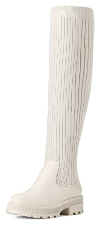 DREAM PAIRS Stivali sopra Il Ginocchio da Donna Moda Boots Stivali Alti alla Coscia Fusto Lavorato a Maglia TPR Durevole,Size 39,Beige,SDOB2201W-E