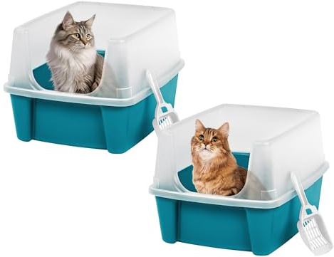 Iris Ohyama, Bac a Litiere pour Chat avec Pelle, Lot de 2, Bleu, Nettoyage Facile, Maison de Toilette, Rebords Amovibles, Pour Chats Adultes, Chatons, Lapins, Sans BPA, Ouverture en haut, CLH-12