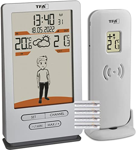TFA Dostmann Station météo sans fil Weather Jack 35.1166.54 - Température extérieure et intérieure - Prévisions météorologiques - Avec suggestions de vêtements - Horloge radio-pilotée - Argenté - 146