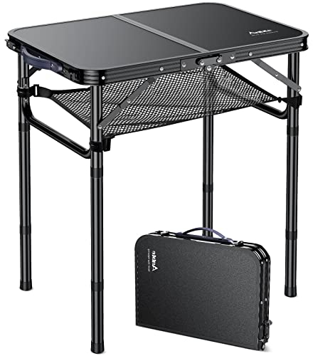 Anbte Tavolo Pieghevole da Campeggio 59x40x67cm Tavolino da Caffè 3 Regolabili in Altezza Con Rete di Immagazzinaggio,Tavolino Portatile da Picnic/Barbecue/Giardino/Fiera-Nero