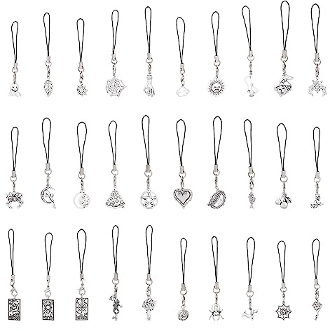 SUPERFINDINGS 30 Stück 30 Stile Märchen Handy Anhänger Tibetischer Stil Sterngeste Drachen Handy Gurte Silberlegierung Wolke Kirsche Kürbis Handy Rucksack Anhänger Zum Aufhängen