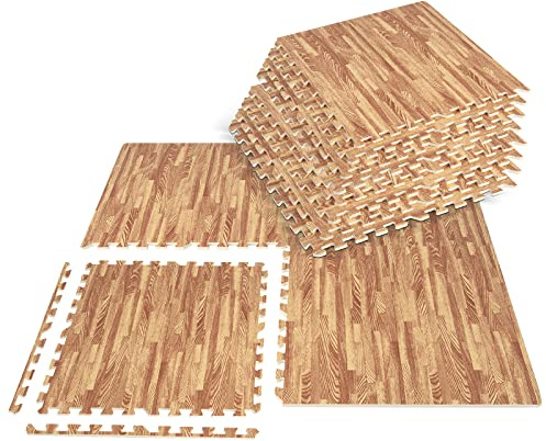 COSTWAY Tapis de Protection Sol en Mousse EVA avec Grain de Bois 12 PCS, Tapis de Sol Puzzle Imprimés Épais pour Maison, Tapis de Sport Fitness Antidérapant 61x61cm, 4,5m², Naturel